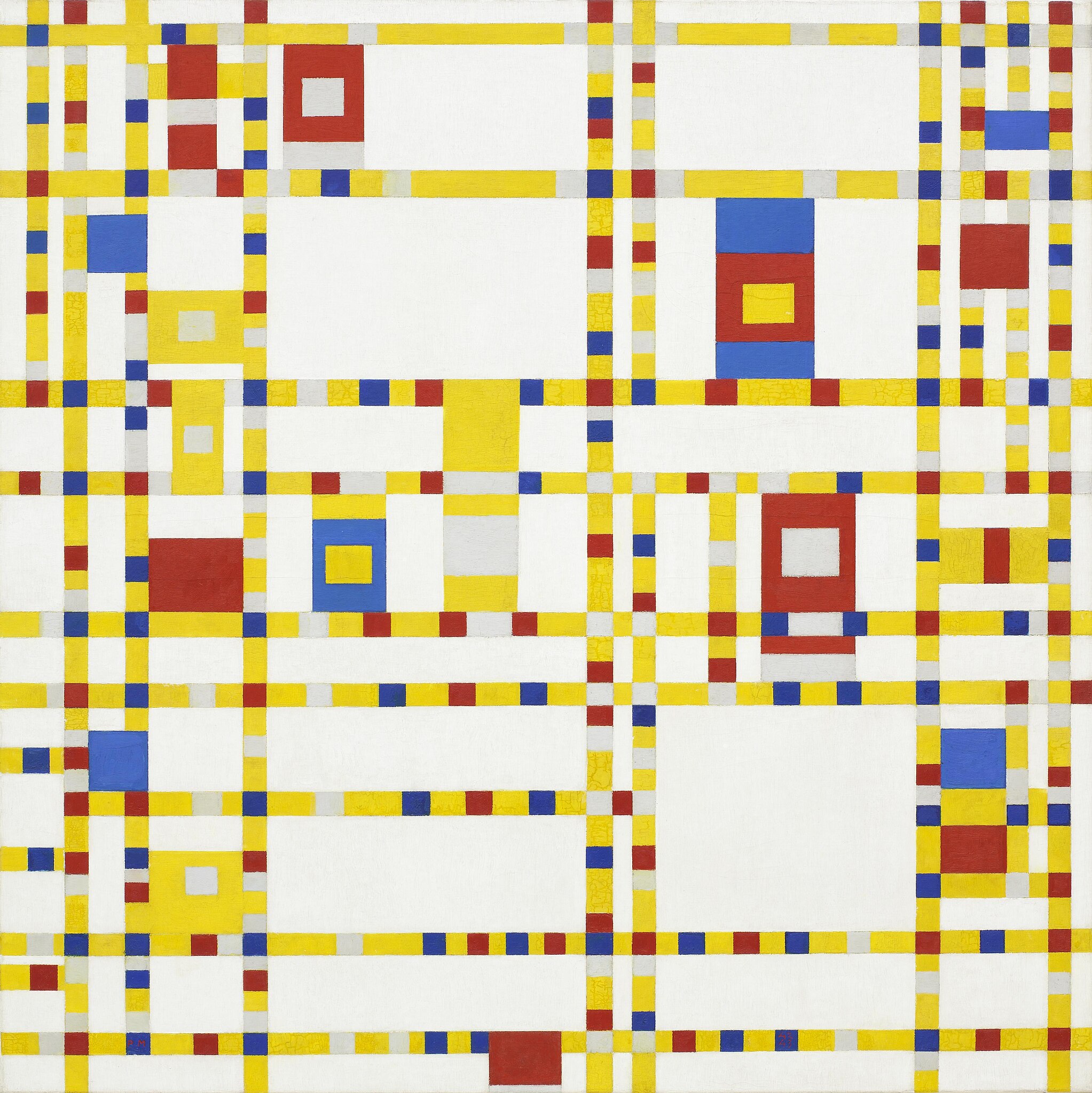 Abstract painting with intersecting red, yellow, and blue lines and rectangles on a white background.