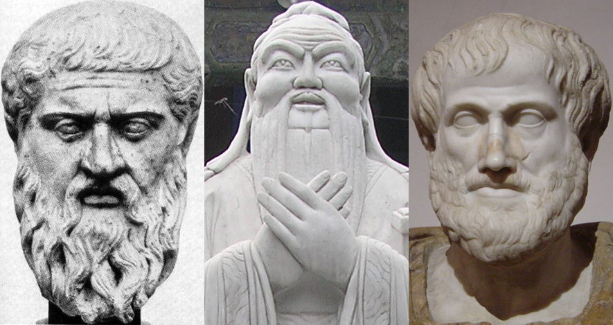 Three sculptures depict philosophers with beards, featuring detailed facial expressions and robes.