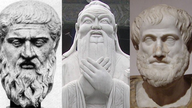 Three sculptures depict philosophers with beards, featuring detailed facial expressions and robes.