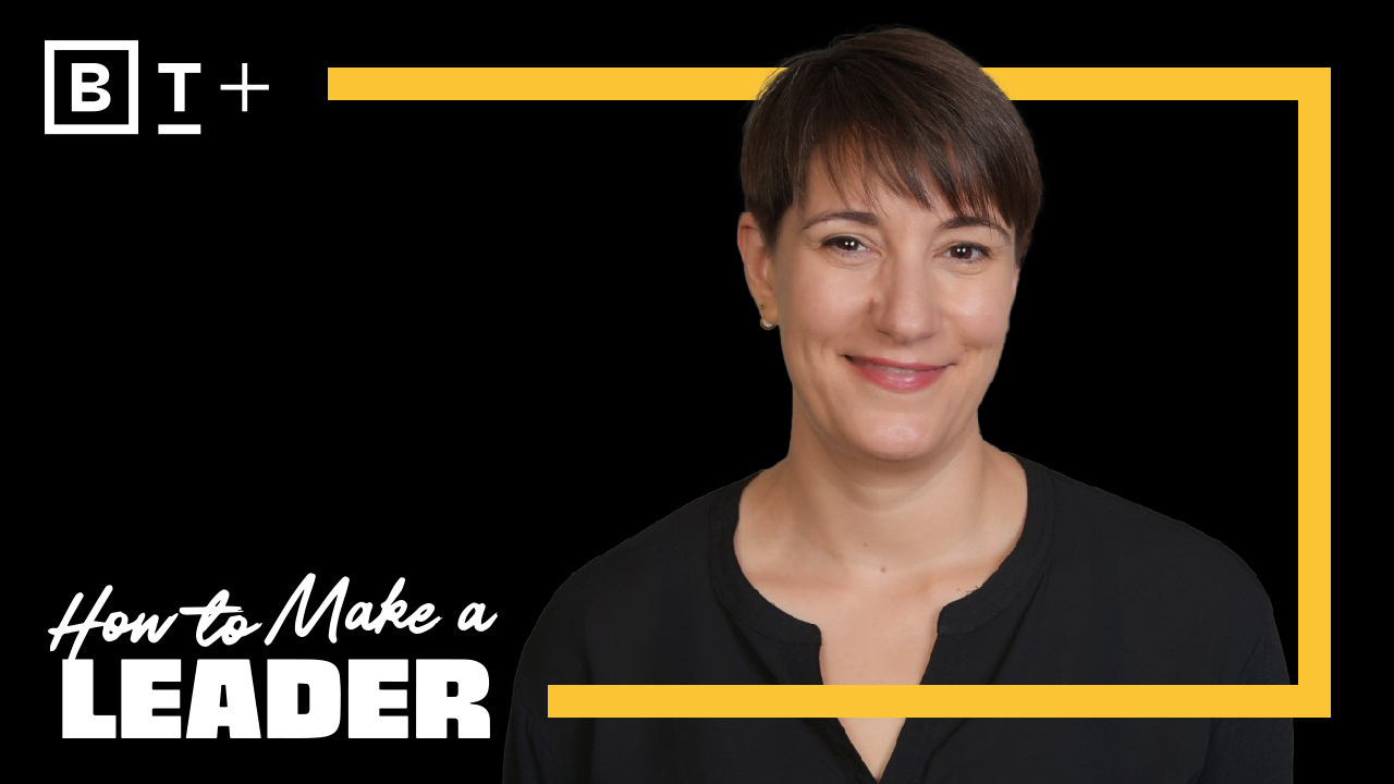 A person with short brown hair smiles in front of a black background. Text reads "How to Make a Leader" with a yellow and white design.