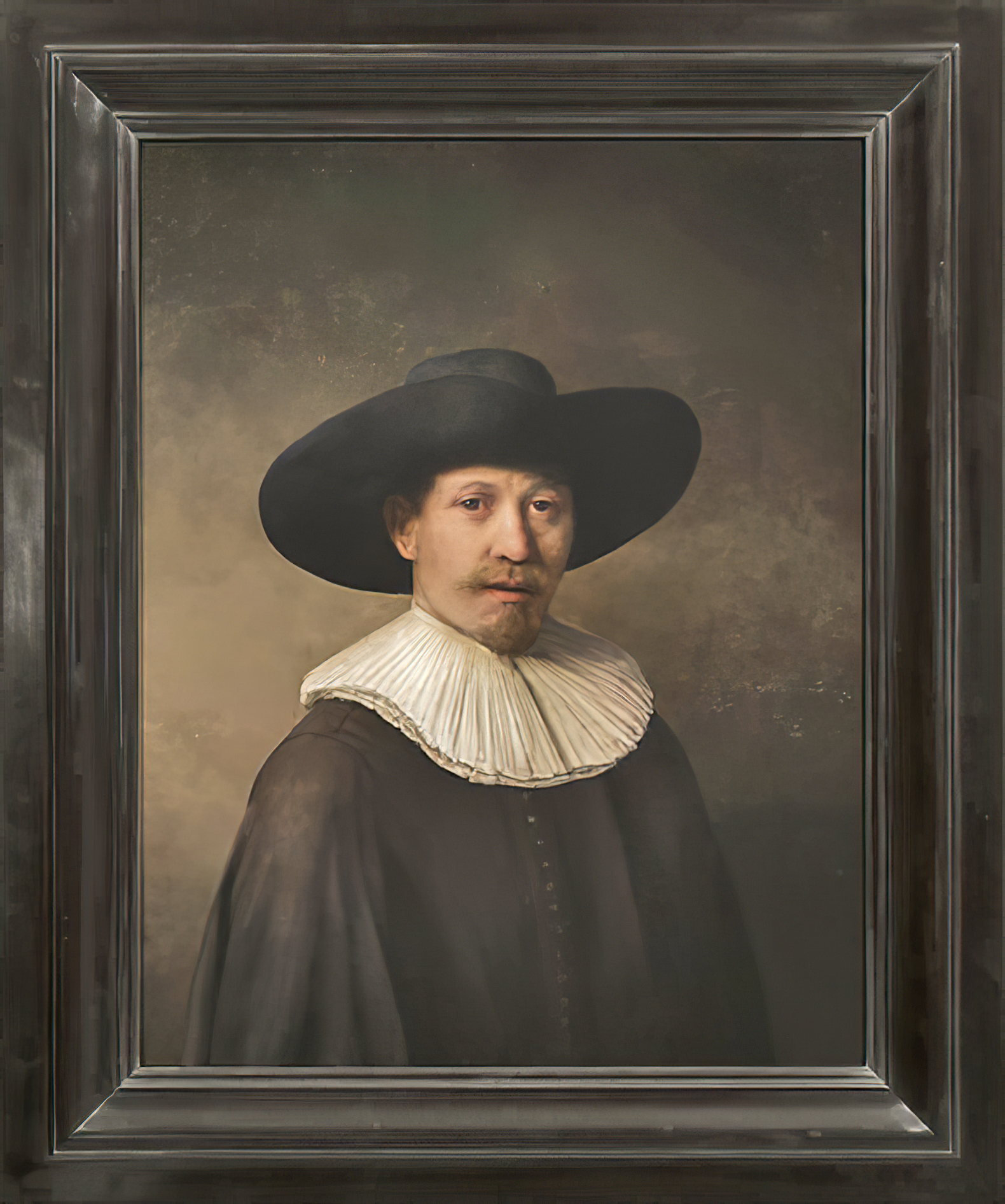 A classic portrait of a man in 17th-century attire, wearing a dark hat and a pleated white collar, framed in an ornate frame.