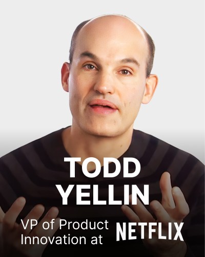 A person in a striped shirt gestures while speaking. Text on the image reads: "Todd Yellin, VP of Product Innovation at Netflix.