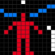 Pixelated red human figure on a black grid background with blue symmetrical curves and white geometric shapes adjacent.