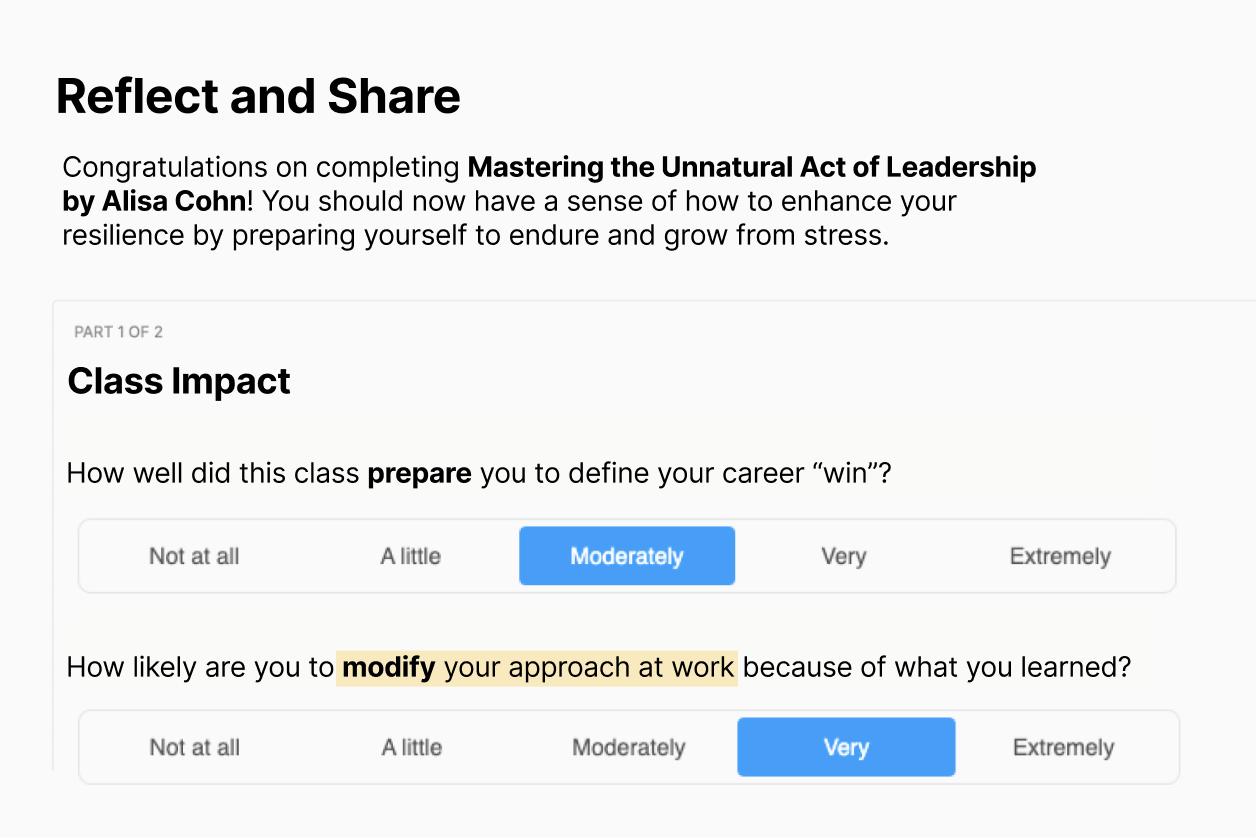 Screenshot of a survey asking for feedback on a leadership class, with questions about class preparation and modifying work approach. Options range from "Not at all" to "Extremely.