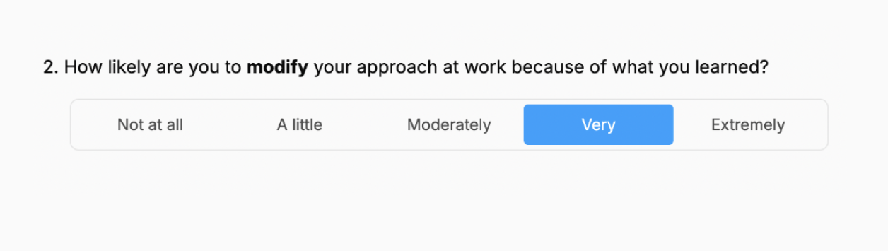 A survey question asks how likely you are to modify your work approach, with options: Not at all, A little, Moderately, Very, and Extremely.