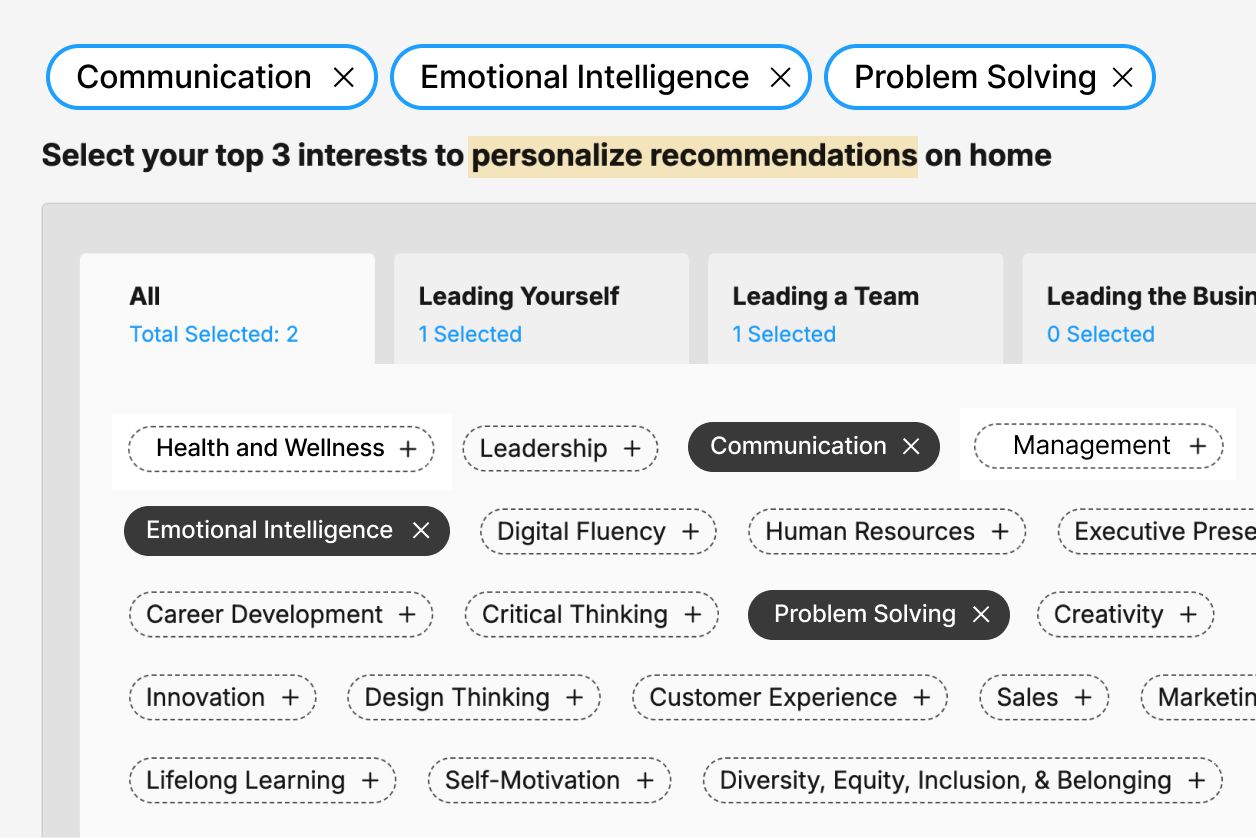 A selection interface for personalizing home recommendations, highlighting choices like Communication, Emotional Intelligence, and Problem Solving. Various interest options are displayed below.