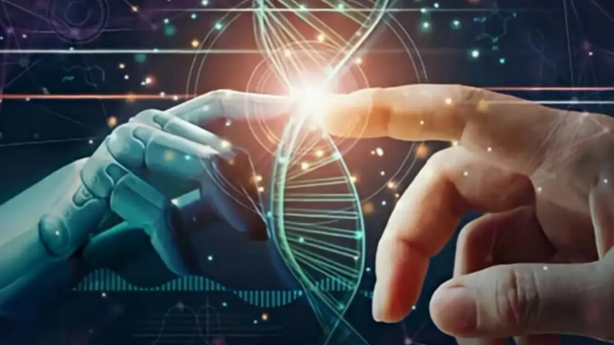 A robotic hand and a human hand reach towards each other, with a glowing DNA helix in the background, symbolizing humanity's last exam in the intersection of technology and biology.