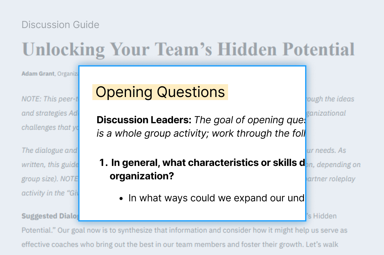 A document titled "Unlocking Your Team's Hidden Potential" with a section on "Opening Questions" for discussion leaders about organizational skills and characteristics.