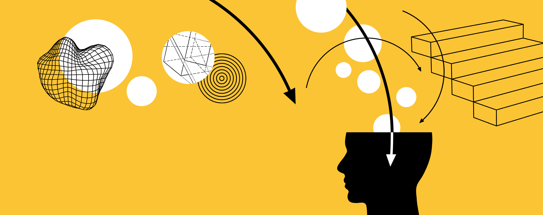 Silhouette of a head with arrows pointing to geometric shapes and stairs on a yellow background, suggesting abstract thought or problem-solving.