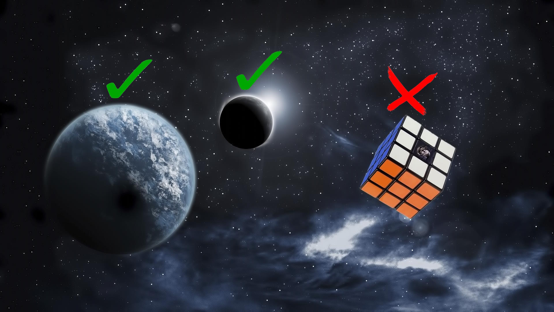 A Rubik's cube with a red X floats in space, next to a planet and moon—each marked with green checkmarks—that boast their perfect round shape.