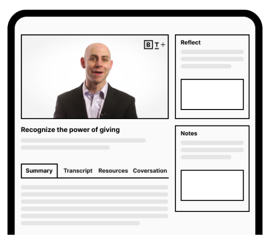 Screenshot of an online course page featuring a presenter in a suit. Sections include Summary, Transcript, Resources, Conversation, Reflect, and Notes.