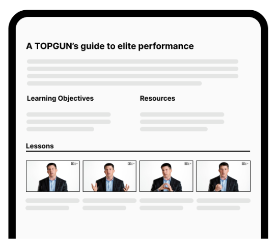 A webpage titled "A TOPGUN’s guide to elite performance" features learning objectives, resources, and lesson thumbnails with a person speaking in different poses.