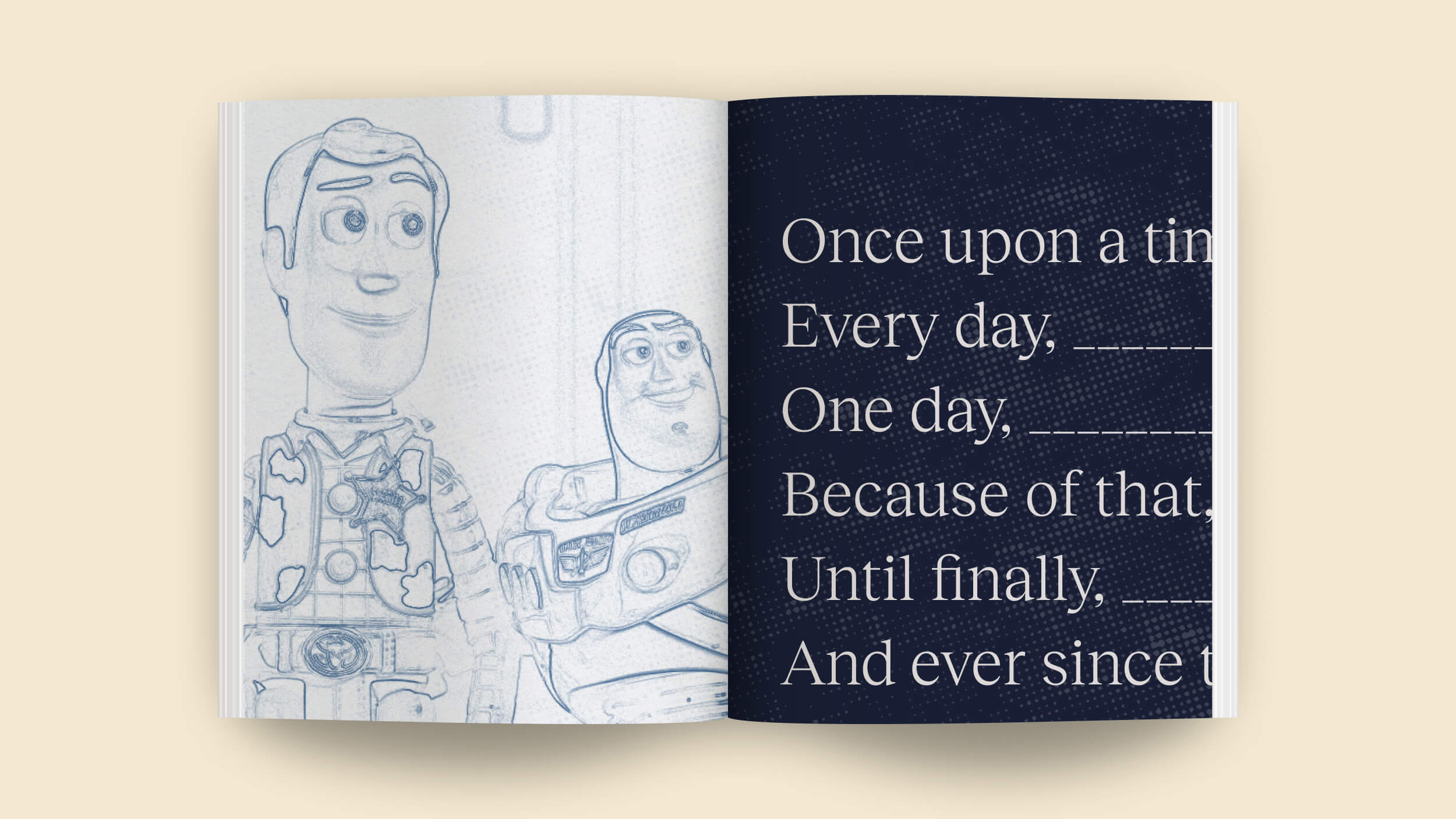 Open book with a sketch of two toy characters on the left page and a story prompt with fill-in-the-blanks, inspired by a Pixar career hack, on the right.