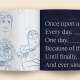 Open book with a sketch of two toy characters on the left page and a story prompt with fill-in-the-blanks, inspired by a Pixar career hack, on the right.