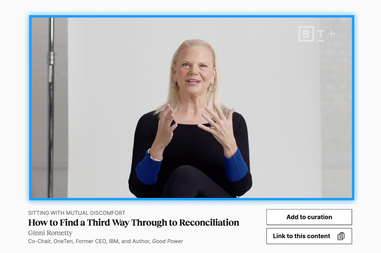 A person sitting and speaking in a blue and black outfit, with text overlay about a discussion titled "How to Find a Third Way Through to Reconciliation.