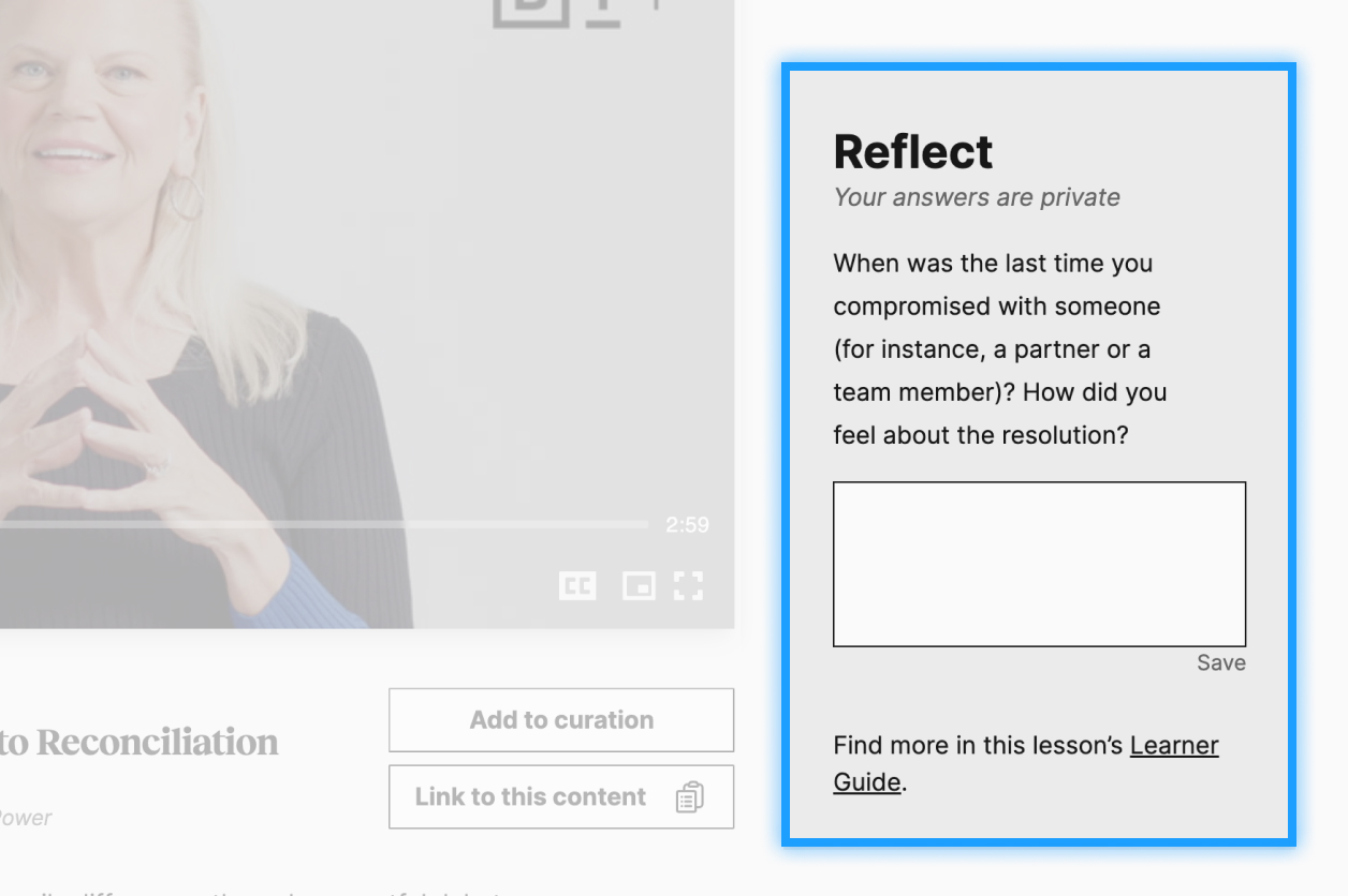 A website interface showing a reflection prompt asking when the viewer last compromised with someone and how they felt about the resolution. There is a text box for input.