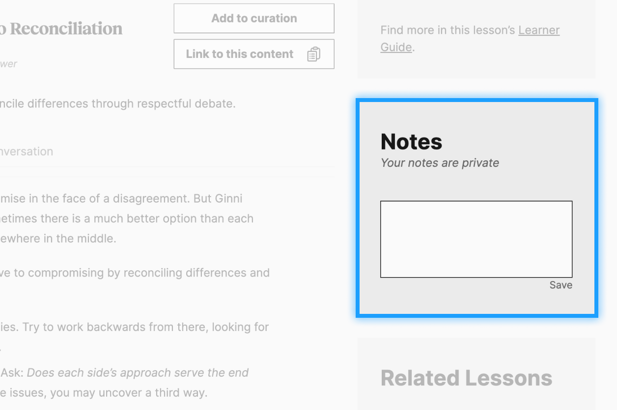 A webpage section titled "Notes" with a text box for private notes and a 'Save' button.