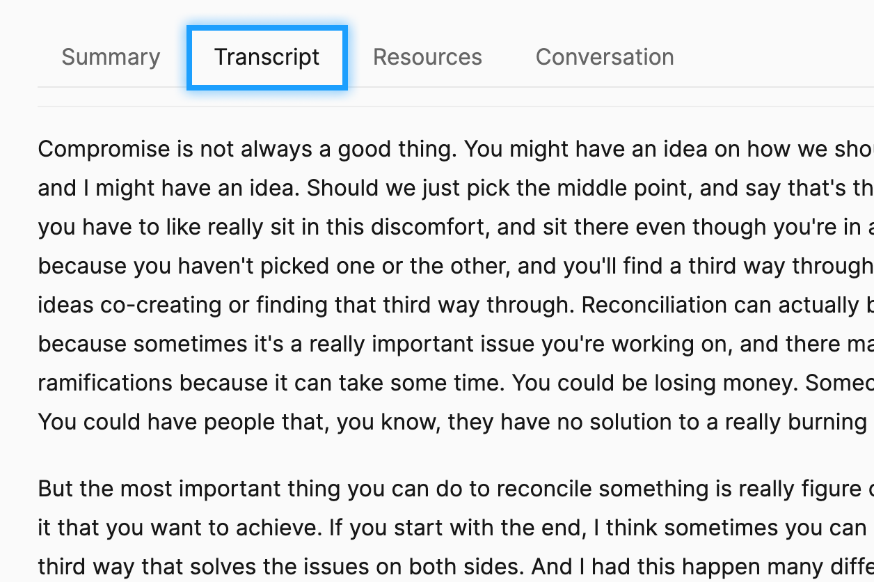 Screenshot of a web page showing an article with tabs labeled Summary, Transcript, Resources, and Conversation. The Transcript tab is highlighted, displaying a paragraph about compromise and reconciliation.