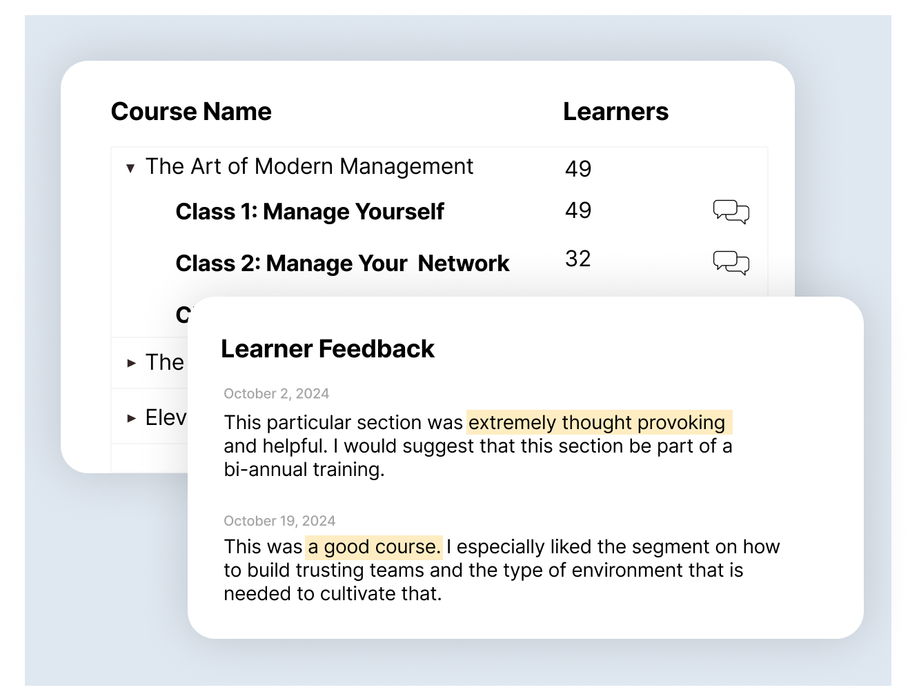 Screenshot of learner feedback on a course titled "The Art of Modern Management." Comments highlight thought-provoking content and effectiveness in building trust and teamwork.