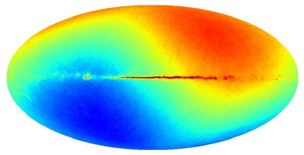 Elliptical heat map diagram with a spectrum from blue to red, showing a central horizontal gradient line, reminiscent of the cosmic microwave background that helps prove the Big Bang theory.