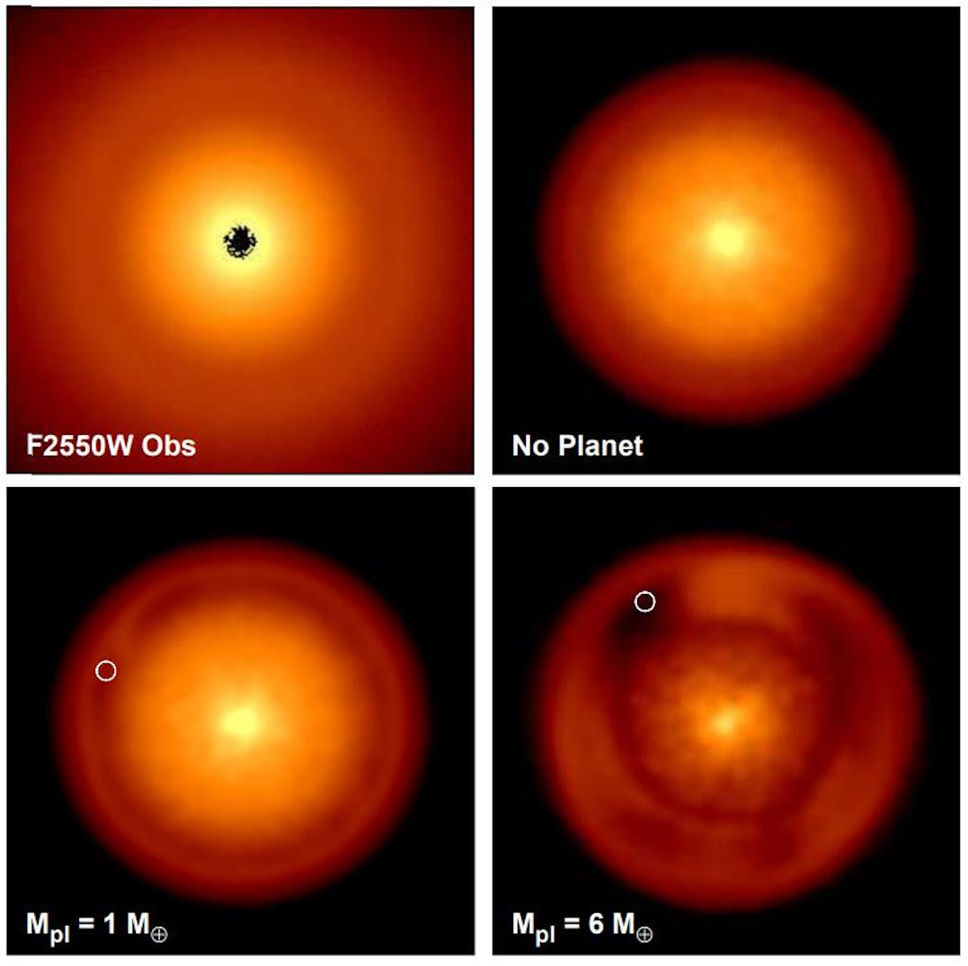 Four infrared images of a celestial object captured by JWST. The top left is labeled "F2550W Obs," and the top right "No Planet." At the bottom, effects with planets of 1 and 6 Earth masses are shown, tagged Mₚₗ. Is Vega hidden, or are we just interpreting it wrong?