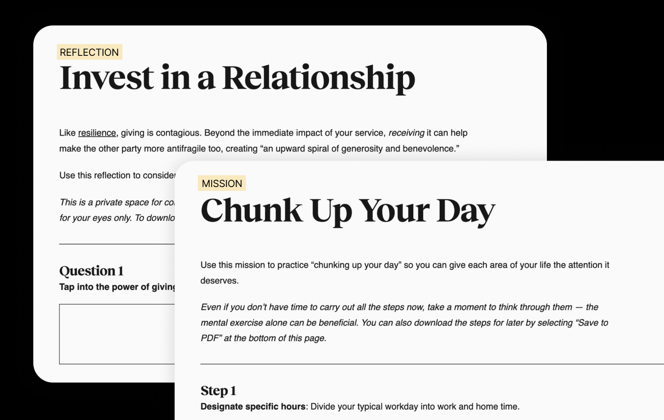 Two overlapping cards with text. Top card titled "Invest in a Relationship," bottom card titled "Chunk Up Your Day." Includes space for questions and step-by-step instructions.