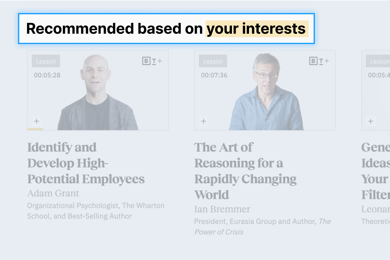 Screen displaying online lessons, with highlighted text "Recommended based on your interests" above two lesson thumbnails featuring different presenters.