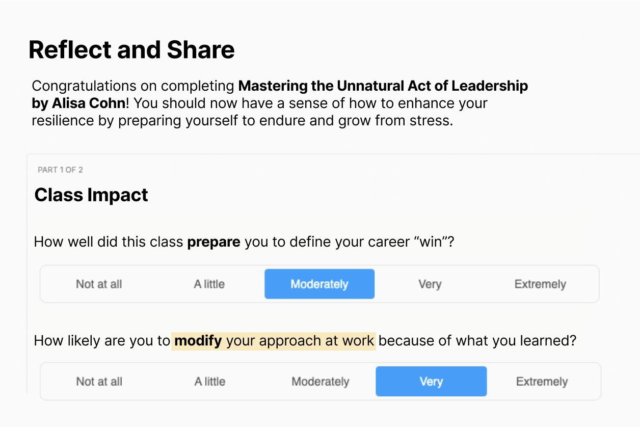 Screenshot of a survey titled "Reflect and Share" for a leadership course. It includes questions about career preparation and modifying work approach, with rating options from "Not at all" to "Extremely.