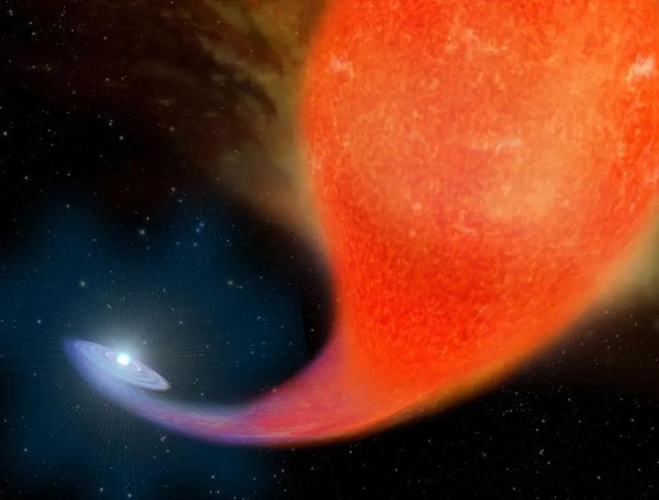 Illustration of a red giant star transferring material to its companion, a white dwarf, altering the star's fate and creating an accretion disk in a celestial setting.