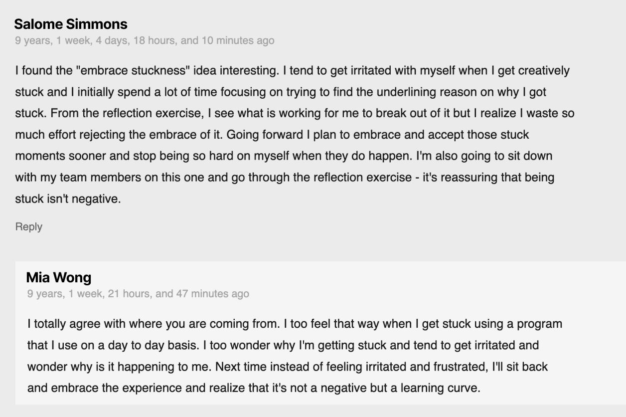 Two comments discussing strategies for overcoming feelings of being stuck and frustration, highlighting the benefits of reflection and acceptance.