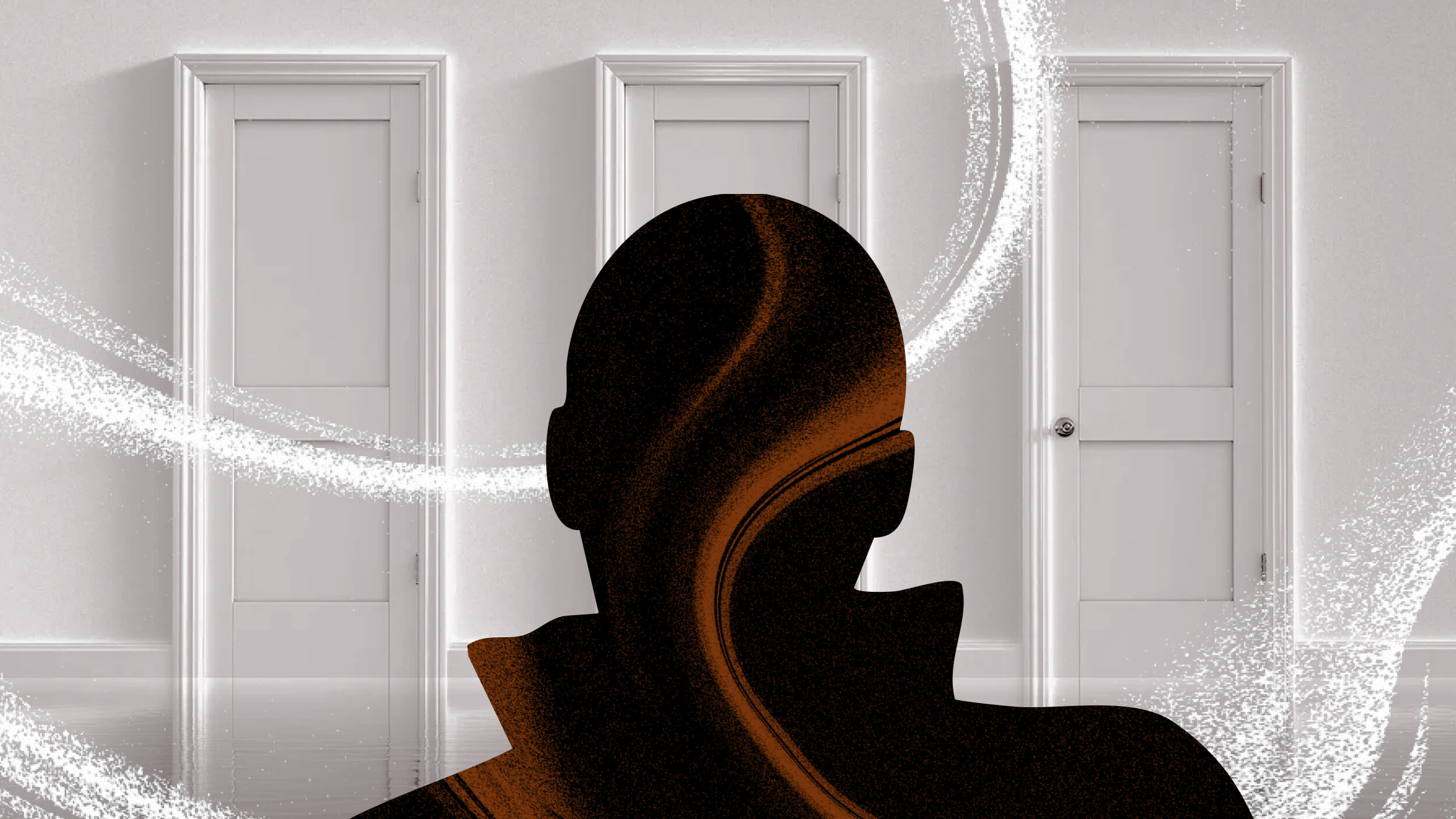 A silhouette of a person stands in front of three closed doors in a dimly lit room. White swirling lines surround the figure, adding a sense of motion and mystery to the scene.