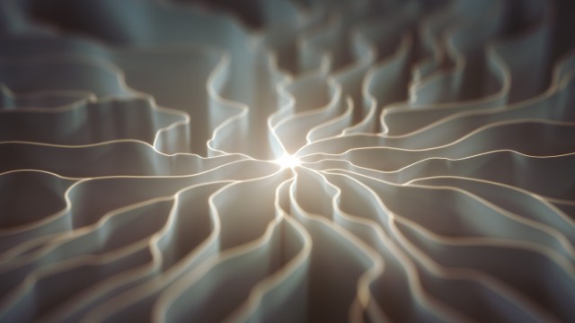 Abstract image featuring glowing lines radiating outward, creating a wave-like, undulating pattern.