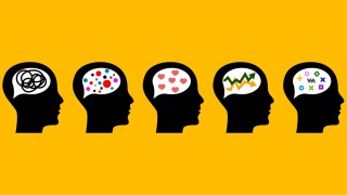 Silhouettes of five heads with speech bubbles showing different symbols: tangled lines, dots, hearts, zigzag graph, and mathematical symbols, on a yellow background.