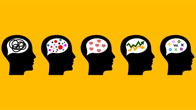 Silhouettes of five heads with speech bubbles showing different symbols: tangled lines, dots, hearts, zigzag graph, and mathematical symbols, on a yellow background.