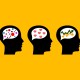 Silhouettes of five heads with speech bubbles showing different symbols: tangled lines, dots, hearts, zigzag graph, and mathematical symbols, on a yellow background.