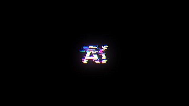 The letters "AI" appear with a glitch effect in multicolored pixels against a black background.