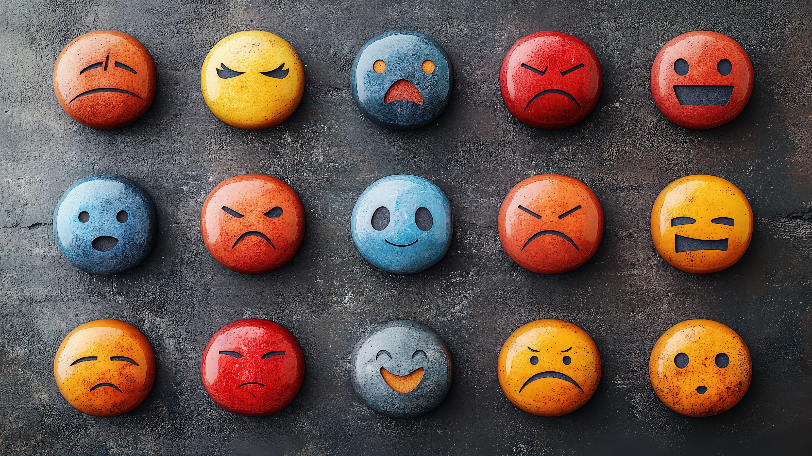 Fifteen colorful emoji faces on a textured background, each capturing different moods like joy, anger, sadness, and surprise.