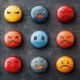 Fifteen colorful emoji faces on a textured background, each capturing different moods like joy, anger, sadness, and surprise.