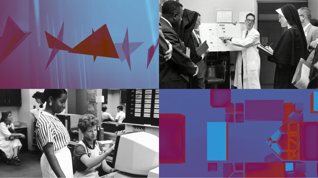 Split image: Top left and bottom right are abstract geometric designs in purple, blue, and red. Top right shows a nun and a scientist near a chart. Bottom left depicts women working at computers in a vintage office.