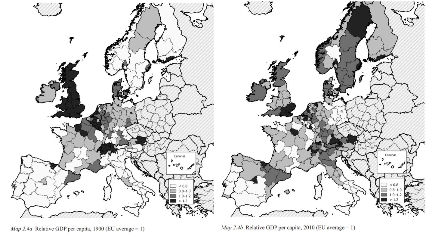 Two maps show relative GDP per capita in Europe comparing 1900 and 2010. Darker shades indicate higher GDP relative to the EU average.