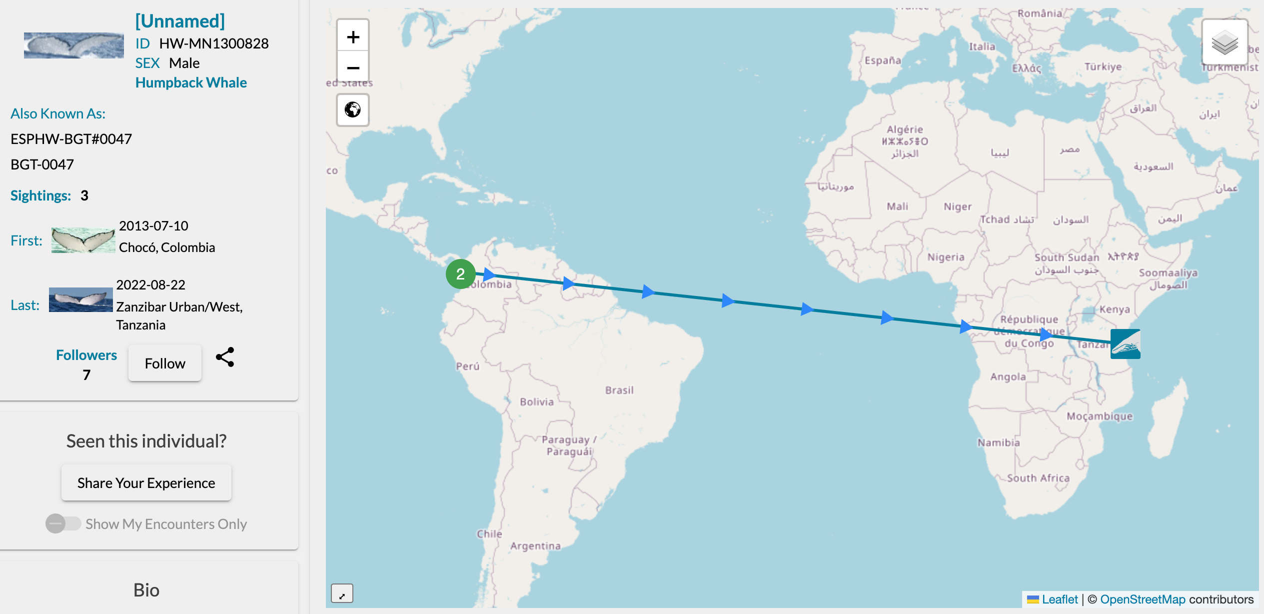 Map showing a humpback whale's migration route from Chocó, Colombia, to Zanzibar Urban-West, Tanzania, with directional arrow and tracking details on the left.