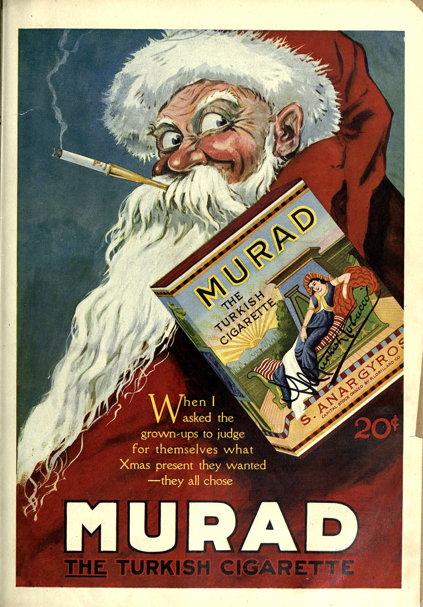 Vintage Murad cigarette advertisement featuring Santa Claus holding a pack of cigarettes, whimsically promoting it as a desired Christmas gift, despite growing awareness about the risk of lung cancer associated with smoking.