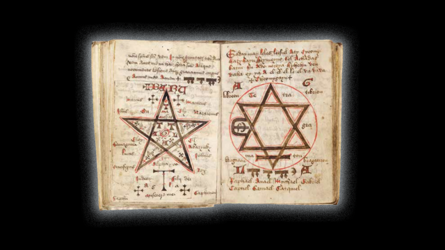 An open ancient book reveals two pages, intricately illustrated with a pentagram and hexagram, surrounded by handwritten text in a faded script that whispers secrets of necromancy.