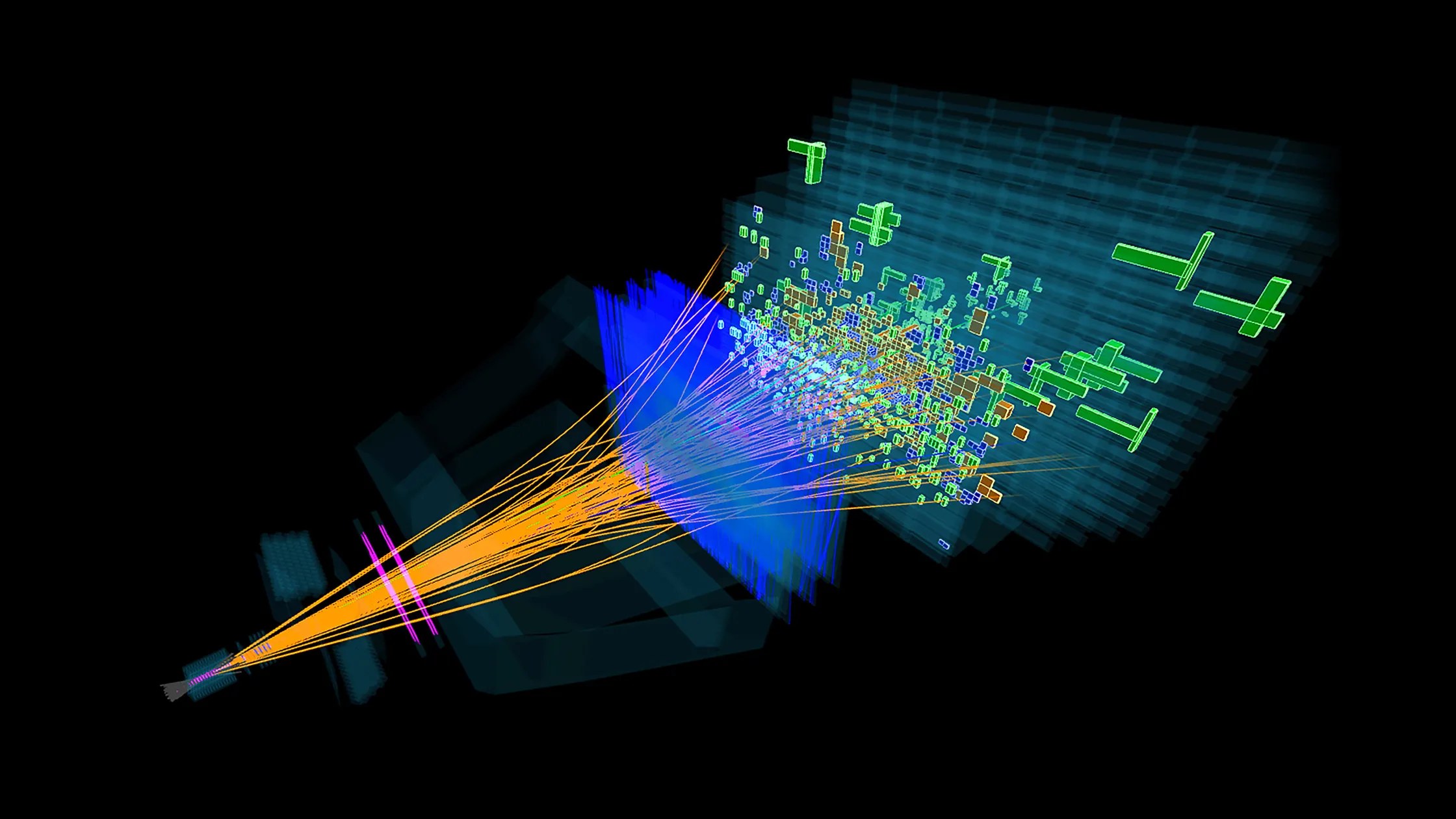 A digital visualization displays particle collision results with colored tracks and trails diverging from a central point against a black background, hinting at how B-mesons might break the standard model.