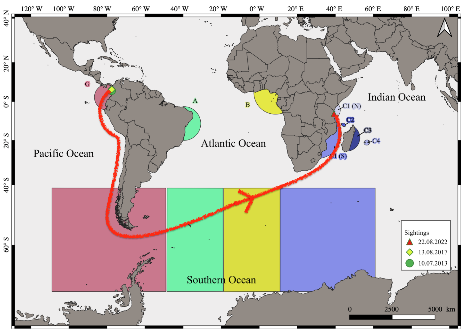 Map displaying a migratory route across oceans. Arrows indicate movement from the Pacific Ocean through the Atlantic Ocean to the Indian Ocean, with sighting dates noted.