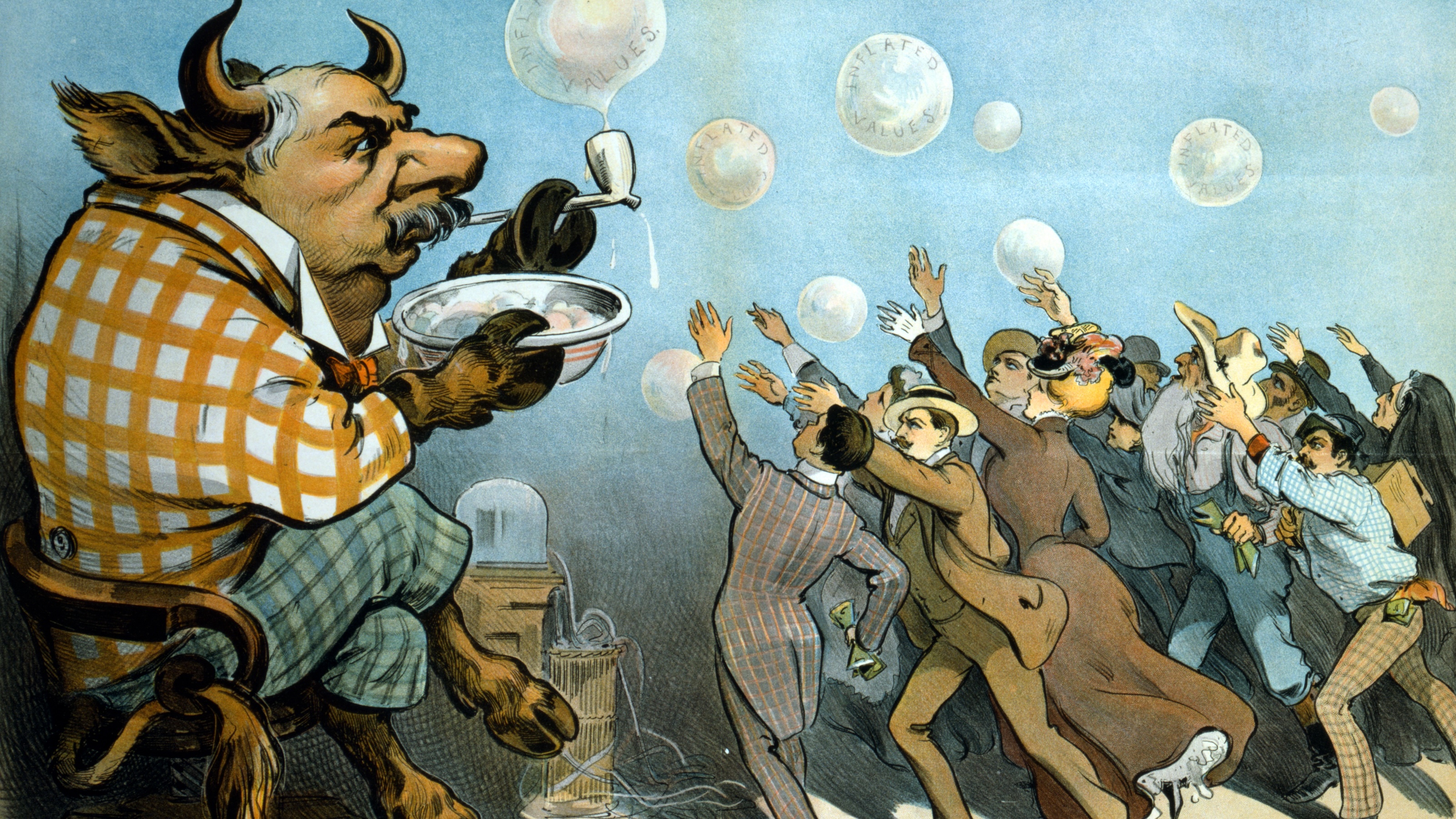 A large anthropomorphic figure blows bubbles labeled with financial terms, while a crowd of people chase after them, unaware of the bubble revisionism at play.