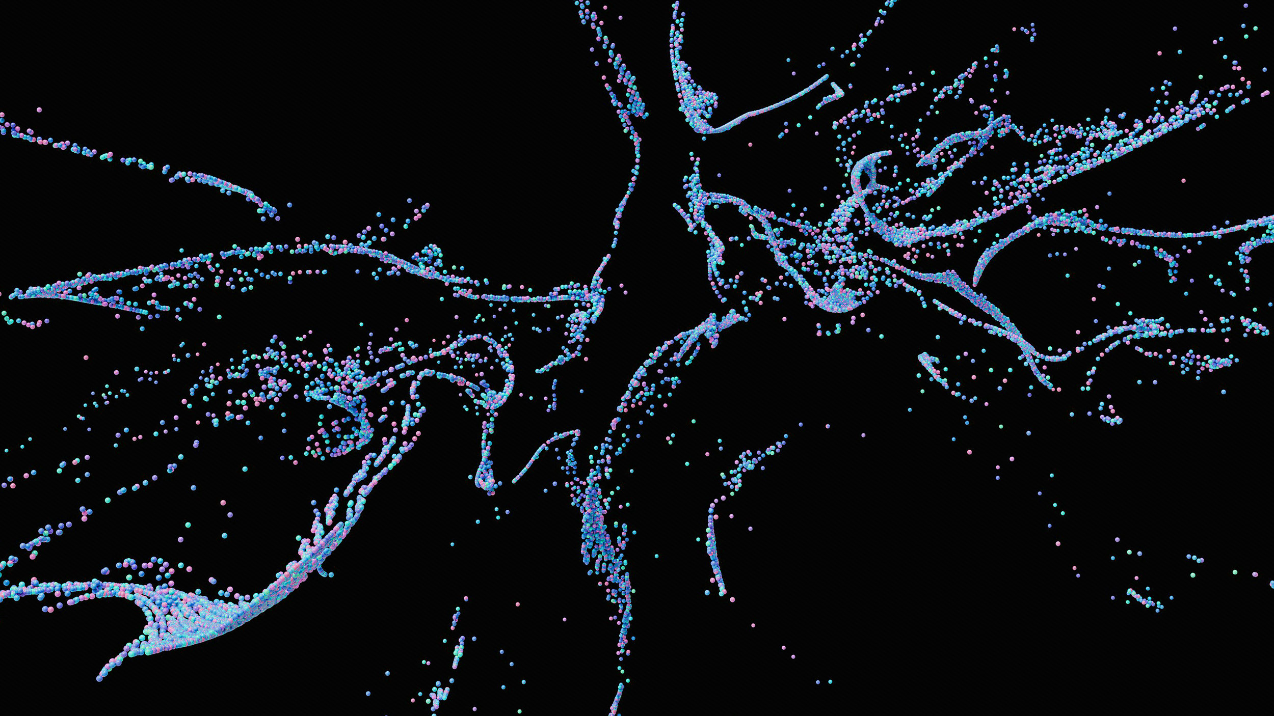 Abstract image of blue and pink particles on a black background, creating swirling patterns reminiscent of leading with AI innovations.