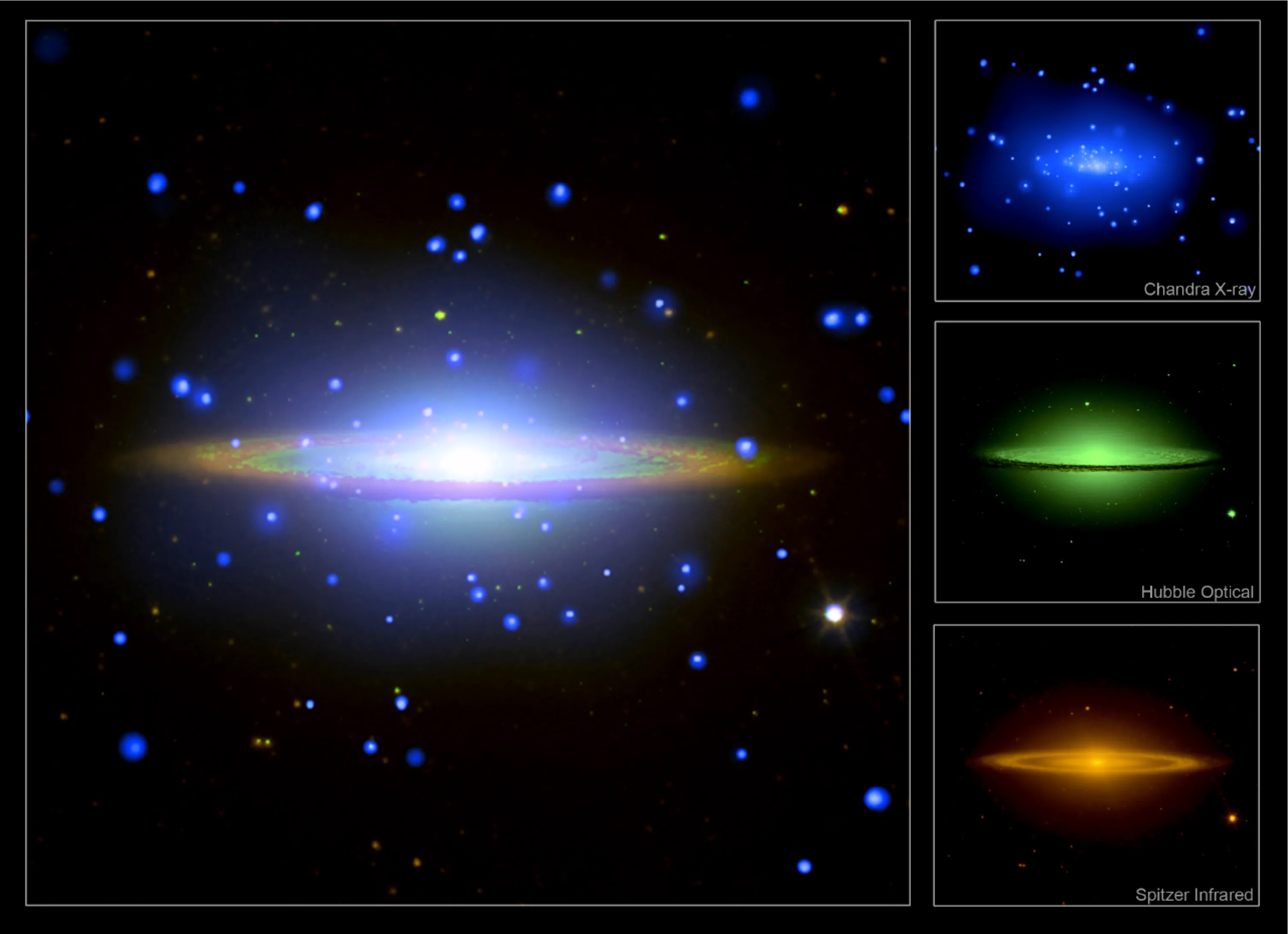 Composite image of the Sombrero Galaxy, now featuring a JWST perspective alongside X-ray, optical, and infrared views. Separate panels highlight Chandra X-ray, Hubble optical, Spitzer infrared images, and the new JWST observations.