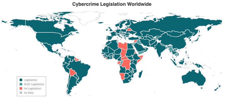 World map showing cybercrime legislation status by country: Green indicates legislation, light green for draft legislation, orange for no legislation, and gray for no data available.