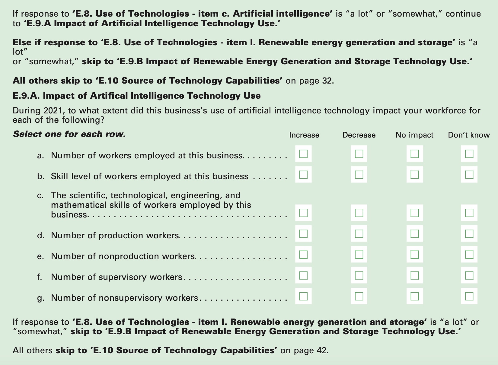 Survey section on the impact of artificial intelligence technology in the workplace, featuring questions with checkboxes to assess various employment and skill factors. Gain insights from workforce data to better understand how AI reshapes job roles and required skills.